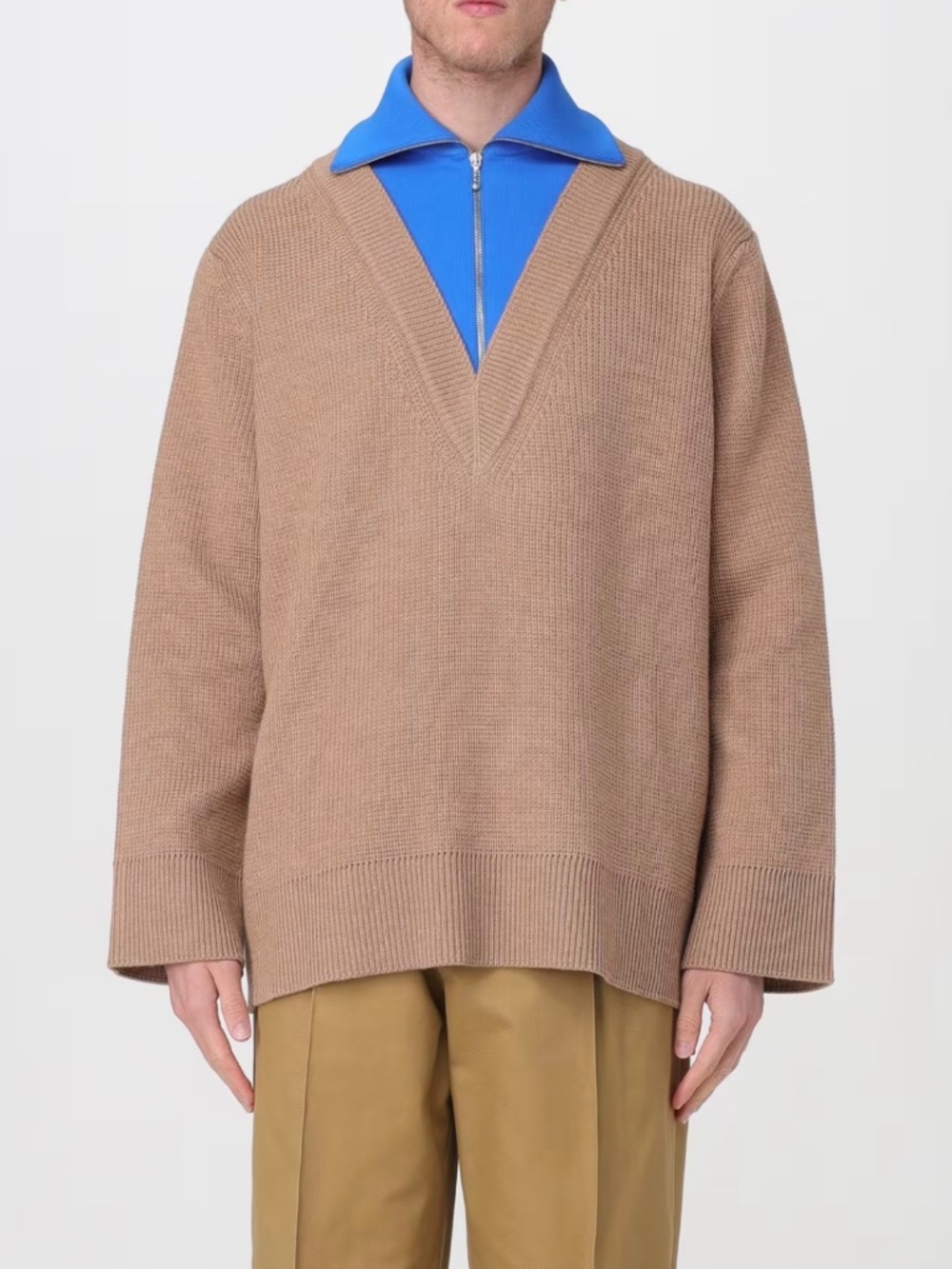 Jil Sander Half Zip Layered Wool Sweater Camel Blue IT 52 XL NWT